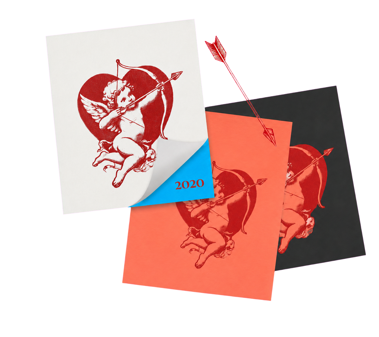 Layered Cupid artwork and cards