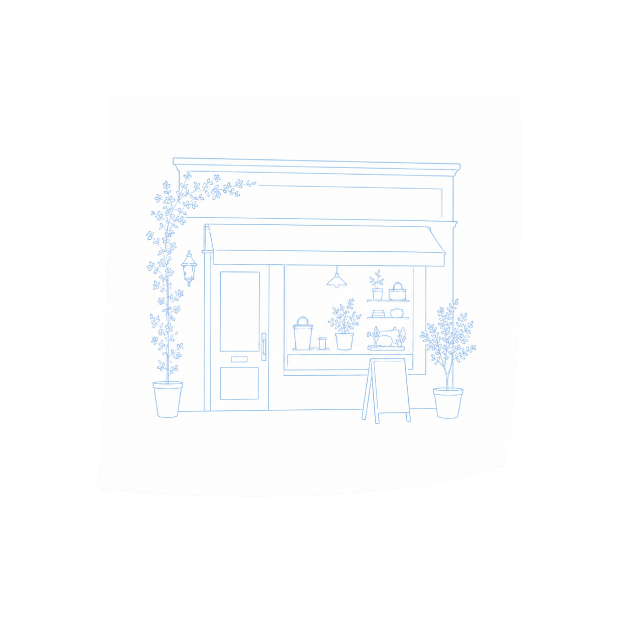 Blue line drawing of a Bougainvillea store